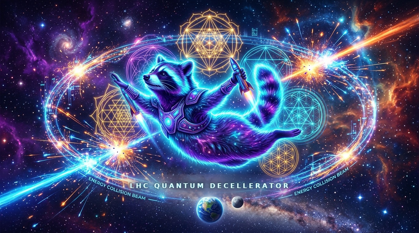 Cosmic Raccoon executing Rocket Yoga inside LHC particle ring