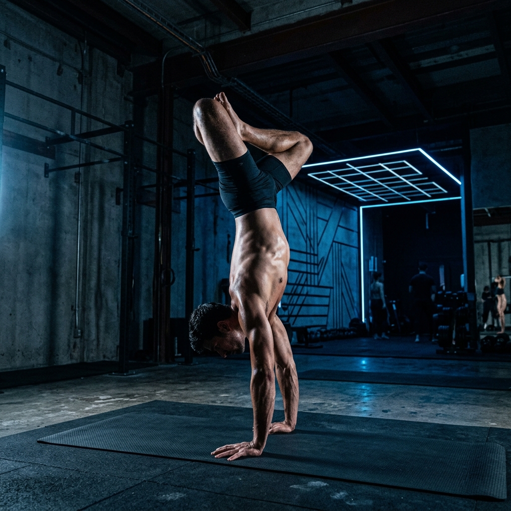 Athlete performing advanced handstand in dark studio